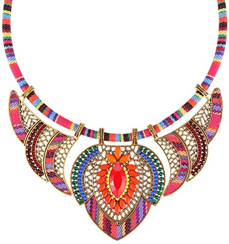 Yaomiao Tribal Perlen Halsband Boho Choker Bunte Böhmische Halskette Festival Kostüm Ethnischer Modeschmuck für Damen Klobige Anhänger Vintage Statement Halskette für Sommer Strand