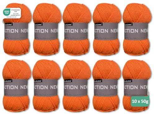 BellaLana Wolle Action New - Allzweck-Garn zum Stricken & Häkeln - 100% Polyacryl - vielseitig einsetzbar & pflegeleicht - Lauflänge 133m - Nadelstärke 3-4, 10 x 50g - Orange