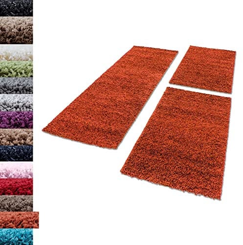 Carpettex Bettumrandung Schlafzimmer 3teilig Shaggy Teppich Hochflor Einfarbig Terra Bettset:2 mal 80x250 + 1 mal 100x200 - Bettvorleger Schlafzimmer Läuferset Weicher Flauschig Bettumrandung Teppich
