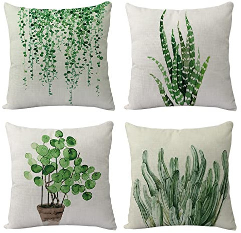 OCEUMACO Leinen Kissenbezug 40x40 Natur Pflanzen Muster Kissenhülle 4er Set Quadratisch Sofakissen Dekokissen Bezug für Couch Kissen Kissenbezüge Outdoor Deko Couchkissen Zierkissen - Grün