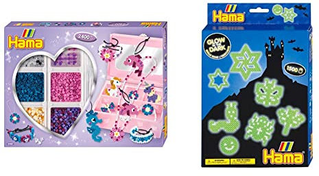 Hama Perlen 3709 Kreativbox Accessoires mit ca. 2.400 bunten Midi Bügelperlen mit Durchmesser 5 mm & 3414 Geschenk-Set Nachtleuchtend mit ca. 1.500 Midi Bügelperlen mit Durchmesser 5 mm