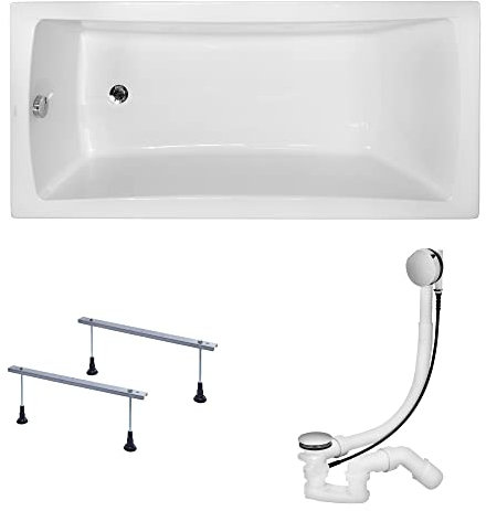 KOLMAN Badewanne OPTIMA Rechteck 150x70 ohne Verkleidung, Ablaufgarnitur und Füßen Komplettset 3in1 Premium Original Acryl Wanne Siphon