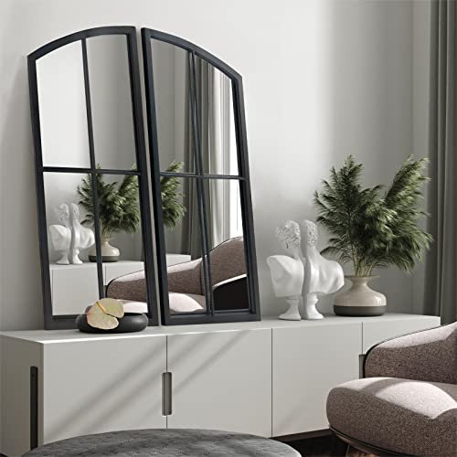 OUSHUAI Schwarzer Bogenspiegel, Fensterscheibe, Wanddekoration, Bauernhaus-Wandspiegel mit Eisenrahmen für Eingang, Flur, Wohnzimmer, Kamin. 2 Stück, 66,4 x 34,1 cm