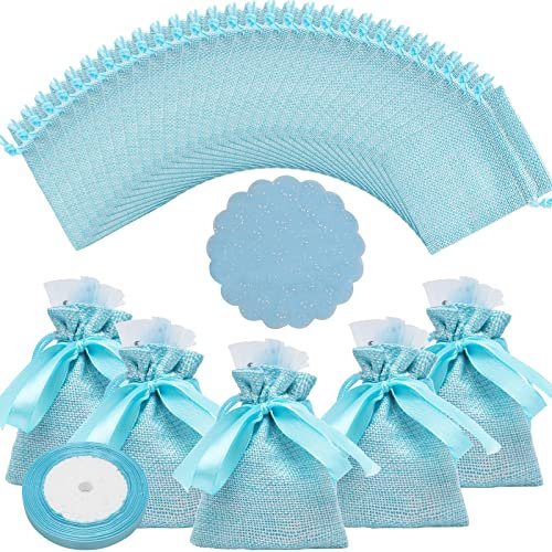 Kleine Jutes?ckchen 30 St¨¹ck Jute Geschenkt¨¹ten Kleine Jutebeutel mit Kordelzug, 8 x 10cm Stoffbeutel Jute Schmuckbeutel mit Organza und Dekoband, Jutes?ckchen f¨¹r Hochzeit Geschenke (Blau)
