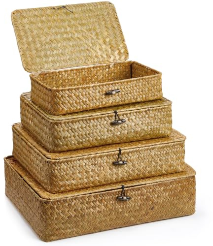 Didaey Set of 4 Seagrass Basket with Lid Wicker Storage Basket Decorative Storage Boxes with Lids Flat Storage Bins Woven Organizer Baskets for Shelf Closet Bedroom, 4 Sizes (Brown)