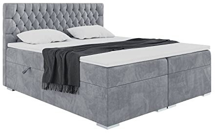 MEBLINI Boxspringbett mit Bettkasten - Gepolstert Doppelbett mit Matratze und Topper - Polsterbett mit Stauraum - Bett mit Kopfteil - Stauraumbett - Dalia - 160x200 - H3/Grau Samt