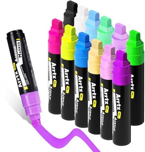Arrtx Jumbo Acrylic Paint Markers - 12 Colors, 10mm Jumbo Felt Tip | Permanent Graffiti Pens for Rock Painting, Stones, Waterproof, Poster, Chalkboards, Windscreens, Outdoor Surfaces & Crafts