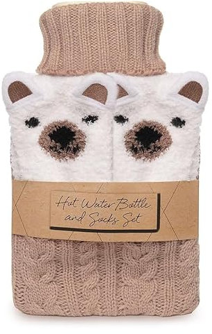 Follow That Dream Knitted Cover 1.5L Hot Water Bottle & Animal Socks Set (Beige with Polar Bear Socks)