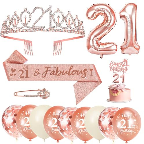 21. Geburtstag Mädchen, 21 Geburtstag Schärpe und Krone/Tiara, Geburtstag Zahlen Luftballon, Konfetti Luftballons, Geburtstagskerzen Zahlen, Happy Birthday Tortendeko für Mädchen Geburtstagsdeko