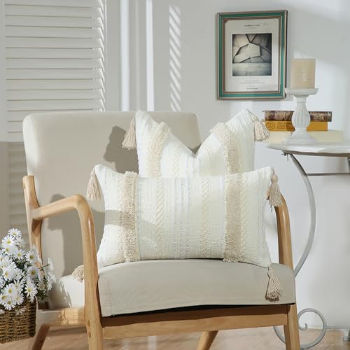 Makramee Kissenhülle Kissenbezug mit Quaste,sofakissen boho style,2er Set Boho Kissenbezüge Weich Dekokissen,Kissen Boho Style Kopfkissenbezug,Dekorativ Kissenbezüge,Leinen Deko Sofakissen für Sofa