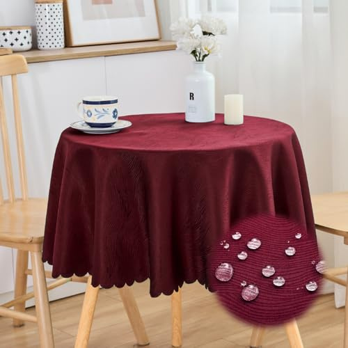Runde Jacquard-Tischdecke 120 cm, Waterflow-Muster, Weinrot | Wasserabweisendes Finish, Maschinenwaschbar, Weiche Jacquard-Struktur, Pflegeleichtes 100% Polyester, Essen und Feiern