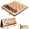15-Zoll-Magnetisches Holzschach- und Dame-Spielset Klassisches Faltbrettspiel mit gefilztem Spielbrett-Innenraum zur Aufbewahrung 2 Extra Damenfiguren-Aufbewahrungsfächer