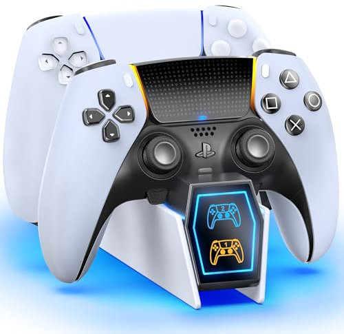 Kytok Base de Carga para PS5 Mando, 2,5H Cargador para PS5 y PS5 Edge Mando, Base de Carga para PS5 con Cable Type-C, LED Indicator y Luz Ambiental