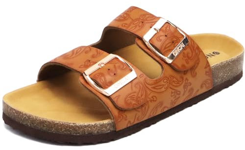 ONCAI Sandalias de Pala Mujer con Ajustable Buckle Corcho Zapatillas de Moda de Verano Mules Planas Zuecos Flores Caqui Tamaño 38