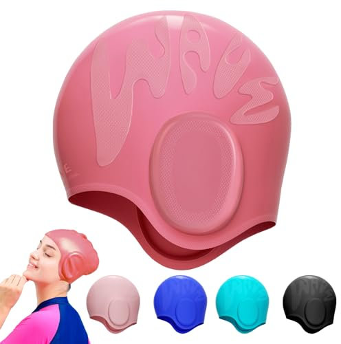 YOUYIKE Silikon Badekappe mit 3D-Ohrenschutz, Rose Rot Badekappe, Schwimmkappe für Frauen und Männer, Elastische Badekappe, Badekappe mit Verstärktem Rand, Weiche und Strapazierfähige Schwimmkappe