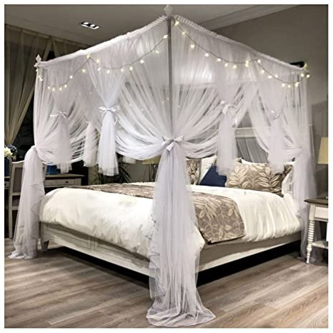 FZZIBQYR Weißes 4-Eck-Säulen-Betthimmel-Moskitonetz, romantisch dekorierter Einzelbett-Doppelbett-Vorhang, mit Metallstütze (Farbe: Weiß, Größe: 180 x 200 cm)