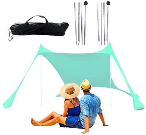 Strandmuschel Sonnendach - Strandmuschel mit UPF 50+ Schutz, 4 Sandsäcke, Sonnensegel für Camping | wasserabweisendes Zelt, Bodenheringe, Stabilitätspfosten, Urlaub e