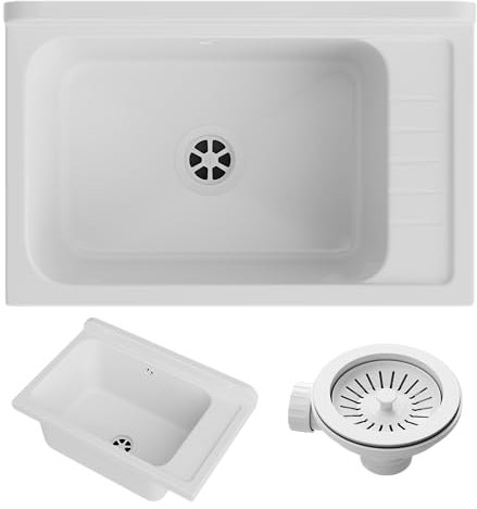 GRANITAN Lavandino da Esterno per Garage Lavanderia e Officina - Lavatoio per Installazione Interna ed Esterna - Lavello da Lavoro Universale - 58x38x26,7 cm - Bianco