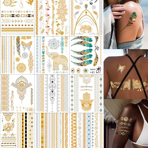 12 Fogli Tatuaggi Temporanei Oro Metallico Donna Uomo, Tattoo Temporanei Tatuaggi Finti Gioiello Trasferelli Adulti Ragazzi Feste Estate Gadget