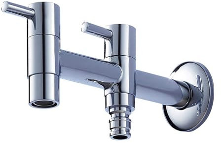 Waschmaschinen-Wasserhahn, eins in zwei aus Messing, Doppel-Gartenarmaturen, Außenwandmontage, Doppel-Auslauf-Außenhahn, Silber Chaser of Light