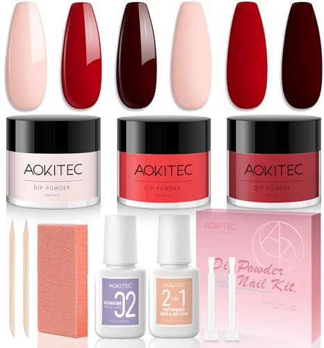 Aokitec 3 Farben Dipping Powder Nails Set Starter Kit, 11-teiliges Rosa Rot Dip Powder Nail Set mit 2-in-1 Dip Base&Top Aktivator Acryl Dip Nagelset für Dip Nails System Nail Art, Geschenke für Frauen