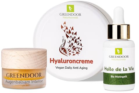 GREENDOOR Naturkosmetik Anti Aging Sparset, Hyaluron-Creme + Augenbalsam intense + Bio Moringaöl, spendet natürliche Feuchtigkeit, hilft Falten vorzubeugen