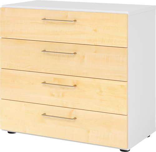 bümö smart Schubladenschrank, Büroschrank 80cm breit in Weiß/Ahorn mit 4 Schüben - Bürocontainer aus Holz, Container mit Metallgriffen & Soft-Stop Schubladen