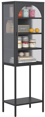 IKIMI Hoher Schmaler Vitrinenschrank mit Glasflügeltüren, Freistehender Metallschrank mit Riffelglas, Schwarzer Aufbewahrungsschrank, Vitrine für Wohnzimmer