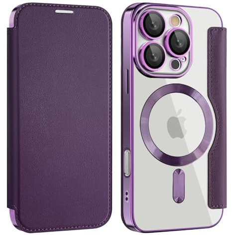 Unichthy Flip Case for iPhone 14 Pro Clear Cover Support MagSafe |RFID Blocking| Wallet Purse Shockproof Leather Stand Cover Individual Protection for Each Lens Phone Skin for iPhone 14 Pro Purple