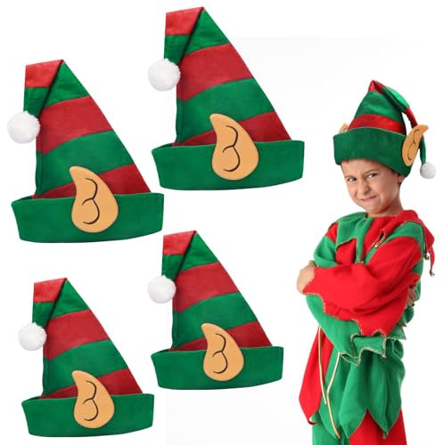 MONCAP 4 Stück Weihnachtself Hut Elfenmütze Weihnachtselfenhut mit Ohren Weihnachten Elf Mütze Wichtelmütze Weihnachtsmütze für Kinder Erwachsene Weihnachten Weihnachtsfeier Karneval Party