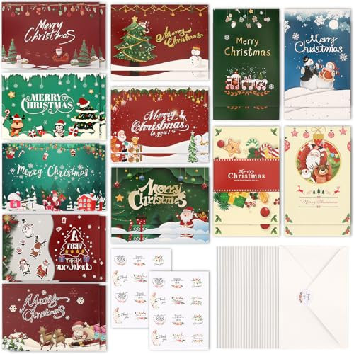 OWill 24 Weihnachtskarten mit umschlag set,weihnachtskarte mit 24 umschlägen und aufklebern,karte weihnachten mit 12 Designs,weihnachtspostkarten set für familie,freunde,kinder