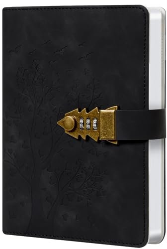 Herzförmiger Baum Tagebuch mit Schloss – 244 Seiten, A5 (5.8“ x 8.4”), PU-Leder, Tagebuch mit Zahlenschloss Lesezeichen– Schwarz – Ideal für Notizen, Planer und kreatives Schreiben