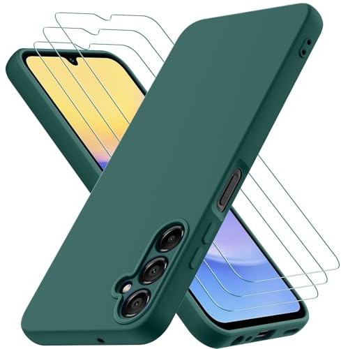 Coque Samsung Galaxy A15 4G/5G, avec 3 Pièces Verre trempé Protection écran, Couche Intérieure Douce, Mince Souple Silicone Étui Protection Antichoc Bumper Housse TPU Téléphone Case Cover, Vert Nuit