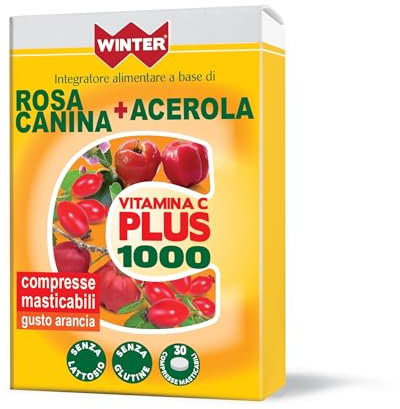 Vitamina C Plus 1000 Winter | Compresse Masticabili con Rosa Canina, Acerola | Alto Dosaggio Vitamina C 1000mg Ascorbato di Sodio | Difese Immunitarie Adulti e Bambini | Acido Ascorbico 30 Compresse