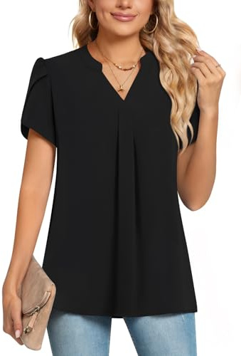 POPYOUNG Womens Summer Casual Chiffon Petal Sleeves Office Blouses V Neck Business Tops Work Shirts L, Black