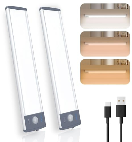 LEPOTEC Cabinet Lighting with Motion Sensor Battery, Wireless 52 LED, 3 Colour Temperatures with Charging Indicator, Light Strip with USB Type-C Charge, Self-Adhesive for Kitchen Cabinet, Wardrobe