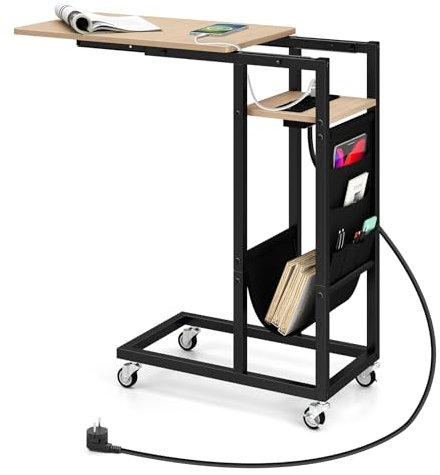 COSTWAY Beistelltisch C-förmig mit Ladestation, Sofatisch mit ausziehbarer Tischplatte & Seitentasche, Couchtisch mit Rollen, Kaffeetisch industriell für Wohnzimmer, Schlafzimmer (Grau)