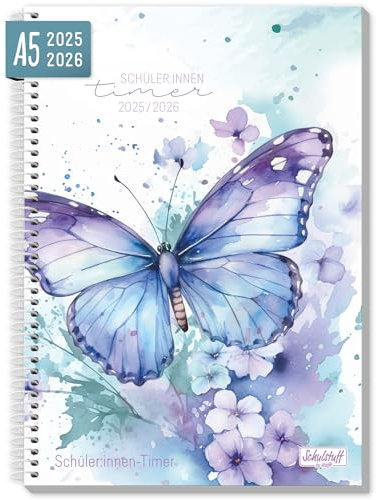 Schüler-Timer mit Spiralbindung 2025/2026 A5 Butterfly Schülerkalender 25/26, Schulkalender, Schülerplaner, Hausaufgabenheft, Schulplaner 25/26 - nachhaltig & klimafreundlich
