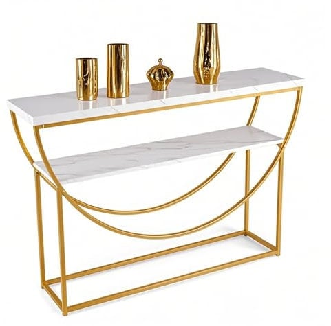 LIFEZEAL Table Console d'Entrée avec Effet Marbré, Style Moderne, Cadre Arqué, Console d'Entrée en Bois et Métal, Max 50kg, 120x30x80,5cm, Or et Blanc