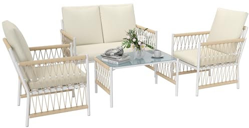 Outsunny 4 Piece Rattan Garden Furniture Set, 4 Seater Wicker Patio Conversation Set with 2 Armchairs, Loveseat, Glass Top Coffee Table and Cushions for Outdoor, Balcony, Khaki