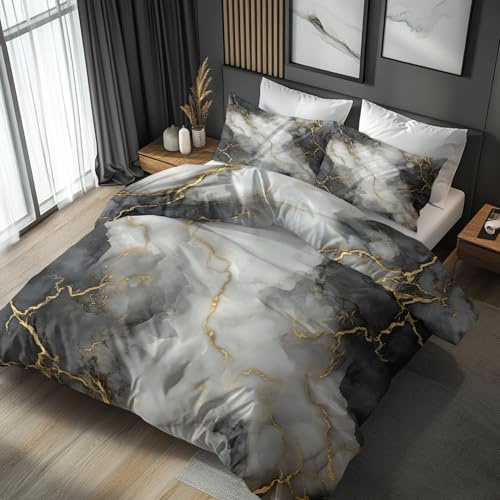Grey Marble Duvet Cover King Size Bedding Sets, Black Gold Marble Pattern, Reversible Design Bedroom Decor Bed Quilt Cover with 2 Pillowcases, Microfiber, Zip - SMK5138