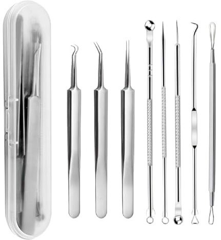 8 Stück Mitesserentferner Komedonenquetscher, Pickel Werkzeug Set, Edelstahl Mitesserentferner, Akne Whiteheads Blackhead Remover mit Box, für Alle Hauttypen Nasen Gesichtspflege (Edelstahl)