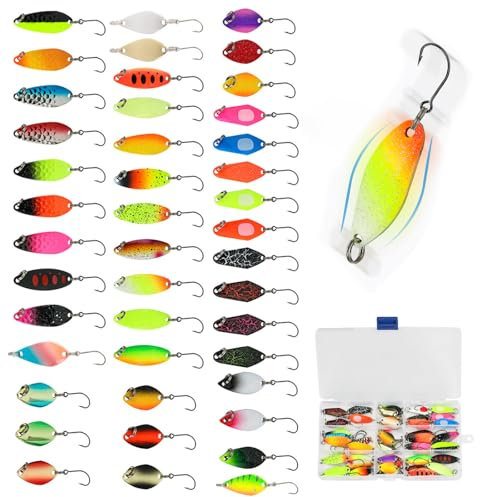 JasCherry Kit señuelos Pesca, 43 Piezas, cebos de Pesca, Lentejuelas, señuelos giratorios con Anzuelo, Juego Accesorios realistas, Cuchara Swimbait con Caja Almacenamiento