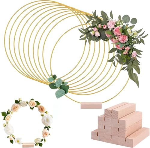 10 Stück 30cm Metallringe zum Basteln, Metallring Dekoring mit Fuß | Metallringe mit 10 Stück Holzständern DIY Kranz Handwerk Traumfänger für Hochzeitskranzdekor Wandbehang (Gold)