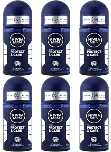 6x NIVEA MEN Protect & Care Deo Roll-On Deodorant 3-Fach Schutz: mit Frische,Deo-Schutz und Pflege Antitranspirant 72h schutz ohne Alkohol,50ml (6er Pack)