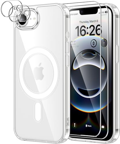 YNMEacc 5 in 1 Magnetic for iPhone 17e Case: iPhone 16e Case 6.1-Inch with 2X Screen Protector + 2 Lens Protector, [Compatible with MagSafe] Slim Soft TPU Silicone Shockproof Phone Cover - Clear