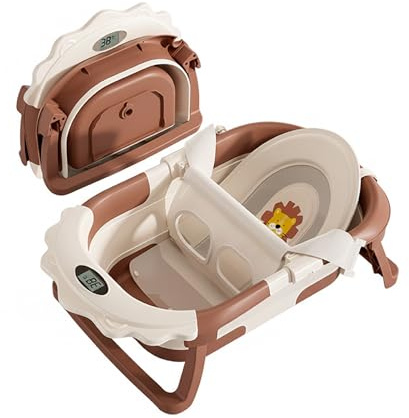 Faltbare Babybadewanne mit Thermometer und Badekissen-Stütze – Digitale Temperaturanzeige – Modell Löwe Braun und Weiß