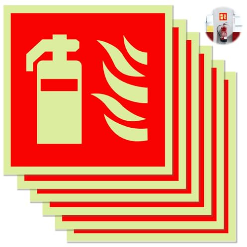 Chuanhylis 6 Stück Selbstklebend Feuerlöscher Schild, Schild Feuerlöscher,PVC Nachleuchtend Feuerlöscher Aufkleber, 15 x 15 cm Hinweisschild Feuerlöschers für Haus Büro Baustelle und Auto