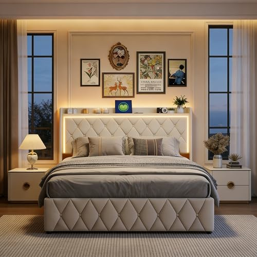 BRYXR Polsterbett 140 x 190 cm, Doppelbett mit stilvoller LED-Beleuchtung, USB-Ladefunktion und Hydraulischem Stauraum, Jugendbett, Samt Beige, Ohne Matratze