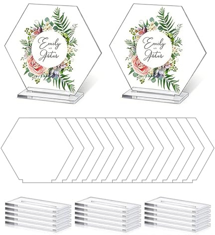 Lot de 15 numéros de table de mariage en acrylique (avec 15 supports) sont réutilisables et conviennent pour les décorations de mariage, les fêtes et les fêtes d'anniversaire (hexagonales)